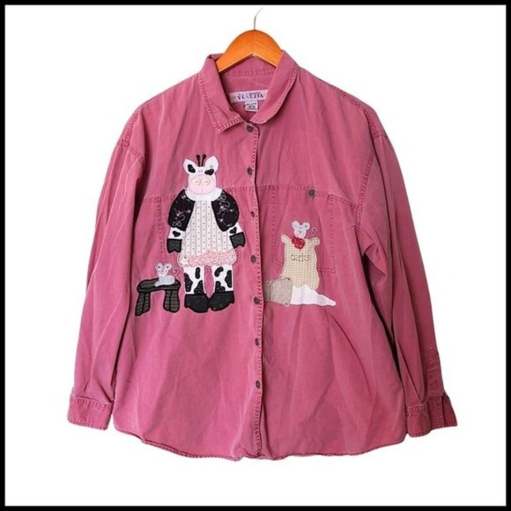 Vintage Venetzia Applique Shirt Cow Farm Animals Mouse Oats size 14 16 Pink Butt